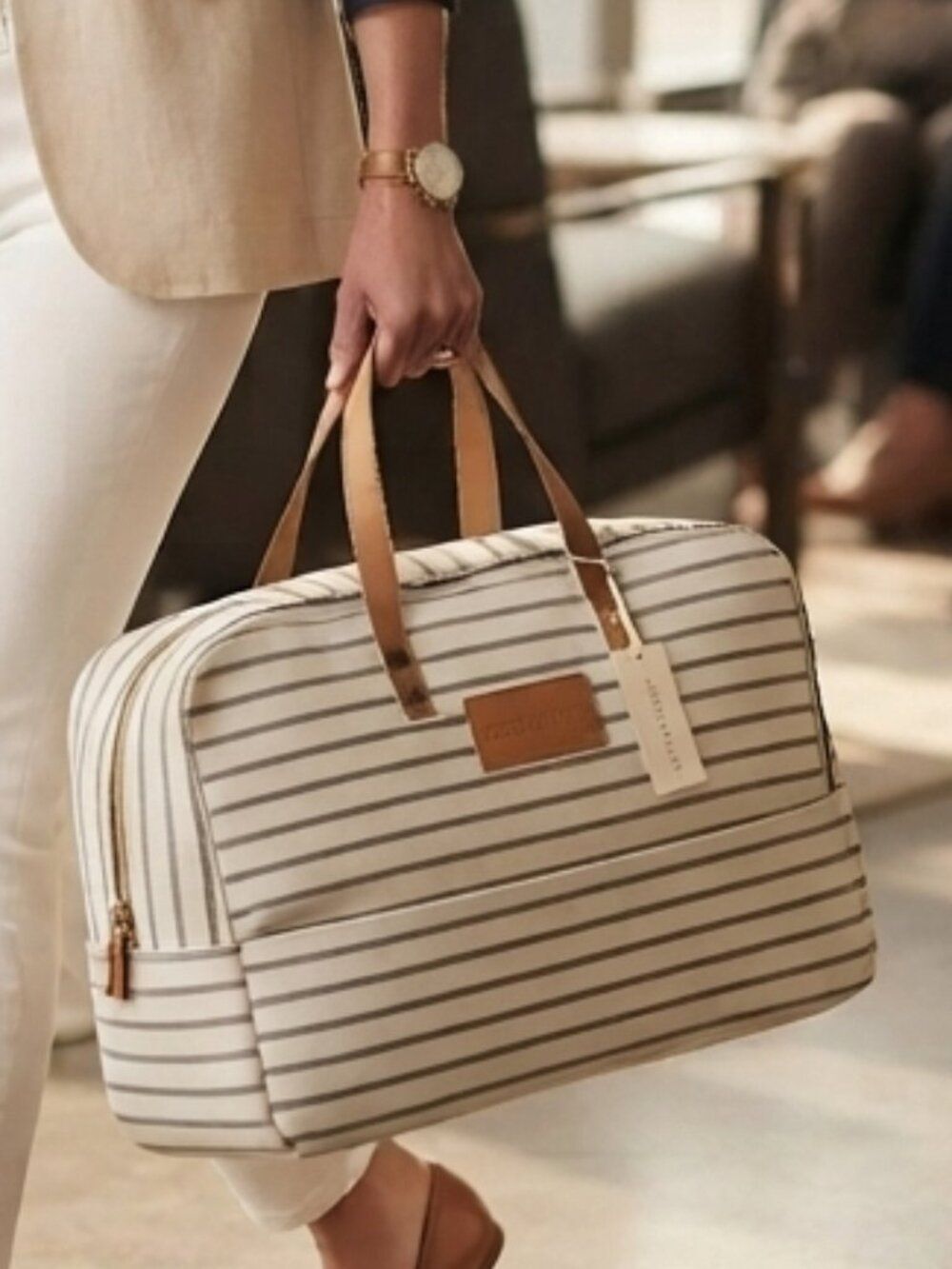 Cozy Earth White & Gray Striped Travel Weekender Tote Bag Tan Handles Zip Top